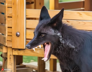 Imagem de um coiote de pêlos preto abrindo boca indicando sua fúria